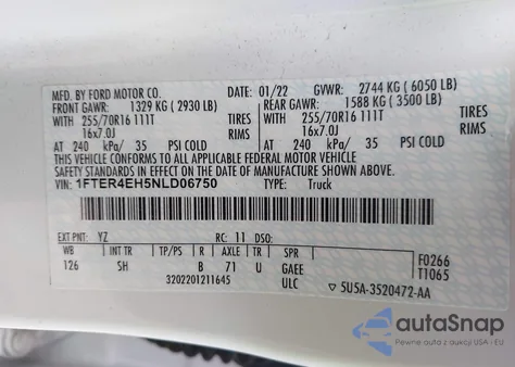 2022 Ford Ranger Xl из США, поврежденный, VIN 1FTER4EH5NLD06750